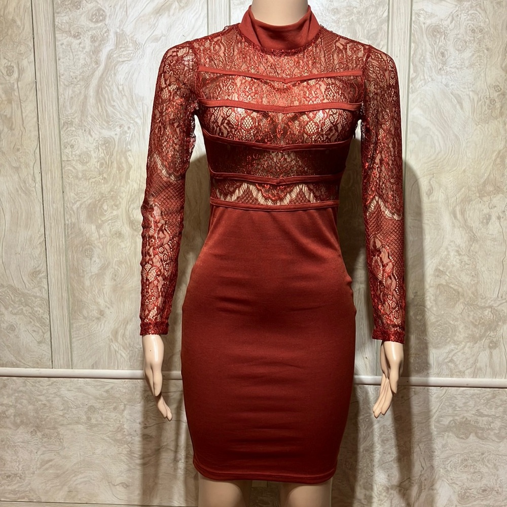 Red Long Sleeve Bodycon Dress with Mandarin Collar